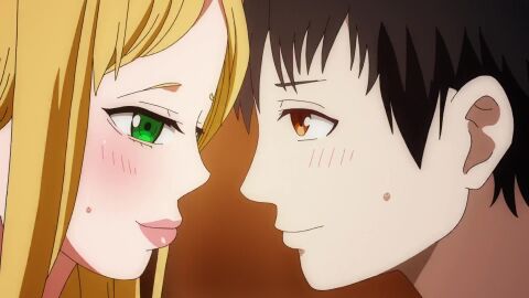 1boy 1girls 2020s 2022 20s 2d adorable adorable_face animated blonde_eyebrows blonde_hair blush college college_student female green_eyes ima_made_ichiban_yokatta_sex image in_love lips long_hair male school shion_(animation_studio) smile smiling smiling_at_each_other smiling_at_partner sweat sweaty university vanilla virgin_female virgin_male