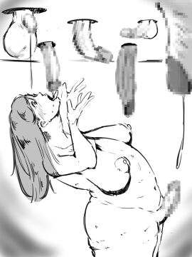 1futa 2023 balls big_breasts big_penis breasts breasts_apart ceiling censored erection fellatio futa_focus futanari glory_hole human intersex leaning_back long_hair male male_on_futa monochrome mosaic_censoring multiple_penises nude open_mouth oral overweight penis precum roma-chan sagging_breasts solo_focus tongue tongue_out