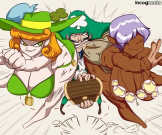 1boy 2d 2d_(artwork) 2d_artwork 2girls ass breasts butt_bump dark-skinned_female dark_skin female four_leaf_clover fred_perry green_eyes hate hip_attack incogneato interracial light-skinned_female light-skinned_male light_skin male original original_character original_characters pirate purple_hair saint_patricks_day tagme treasure