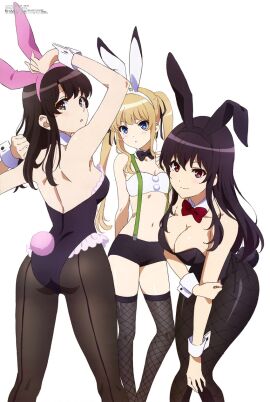 3girls armpits ass back bare_arms bare_belly bare_shoulders belly_button big_breasts black_eyes black_hair blonde_hair blue_eyes blush breasts bunny_ears bunny_girl bunny_tail bunnysuit cleavage female fishnets kasumigaoka_utaha katou_megumi leaning_forward leotard long_hair megami_magazine mouth_closed multiple_females multiple_girls official_art open_mouth pantyhose purple_hair saenai_heroine_no_sodatekata sawamura_spencer_eriri sideboob small_breasts smile tamura_satomi twintails zettai_ryouiki