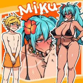 1500sumire 1boy :>= age_difference bikini black_bikini blonde_hair blue_eyes blush bracelet brazil brazilian brazilian_female brazilian_miku breasts cleavage covered_nipples covering_crotch covering_privates dark-skinned_female dark_skin earrings fellatio female fishnet_top fishnets flower hair_flower hair_ornament hand_on_own_hip hatsune_miku highres huge_breasts jewelry kagamine_len large_breasts licking_lips light-skinned_male light_skin long_hair male male_swimwear midriff naughty_face navel necklace oral penis rectangular_earrings simple_background smile solo_focus standing swim_trunks swimsuit tan-skinned_female tan_skin tongue tongue_out topless topless_male twintails underboob vocaloid wide_hips