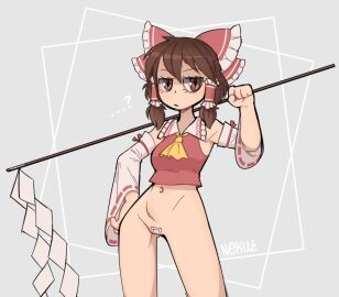 1girls bottomless bottomless_female bow bowtie brown_eyes brown_hair casual casual_exposure casual_nudity collar eyelashes female female_only hand_on_hip holding_object looking_at_viewer maebari navel nekuzx ofuda ofuda_on_pussy pussy red_topwear reimu_hakurei rnrn sleeve solo_female tape taped_pussy topwear touhou twintails