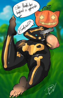 barefoot big_ass big_breasts big_thighs bodypaint clawed_toes darkdm6 feet female fortnite fortnite:_battle_royale gun naked nude pistol spice_(fortnite)