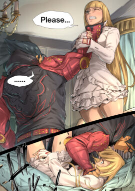 1boy 1girls asphyxiation bed begging begging_for_life begging_for_mercy black_hair blonde_hair blue_eyes breaking_bed broken_bed capcom carrying choke_hold chokeslam comic defeated defeated_heroine emilie_de_rochefort english_text female fight fighting grabbing_neck in_bed instant_loss_2koma jacket jelly_shrimp kazama_jin male male/female maledom ryona speech_bubble tekken tekken_8