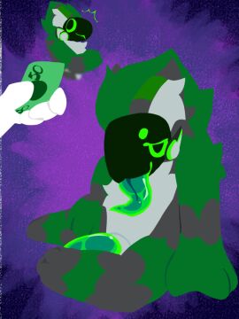 anthro bedroom_eyes crime_(crime_toaster) crime_toaster genitals green_body green_eyes green_hair green_penis green_tongue hair machine male male_focus male_only money narrowed_eyes penis protogen seductive solo tapering_penis tongue tongue_out