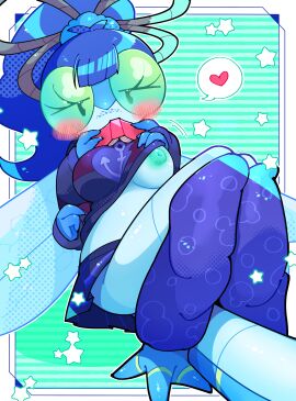3_toes accessory anthro arthropod arthropod_abdomen astronautical bangs big_breasts blue_body blue_hair blue_skin blush blush_lines book bottomwear breasts clothed clothing clothing_lift covering covering_face demi_dixon_(blargen69) dragonfly dragonfly_wings exposed_breasts eyelashes feet female flashing flirting flirting_with_viewer freckled_face freckles green_eyes green_nipples hair hair_accessory heart_symbol hi_res holding_book holding_object insect_wings insects inviting leg_warmers legwear looking_at_viewer nervous nipples one_breast_out ponytail presenting presenting_breasts puffy_nipples sana_beni shirt shirt_lift shy simple_background skirt solo sweater toes toony topwear upskirt wings