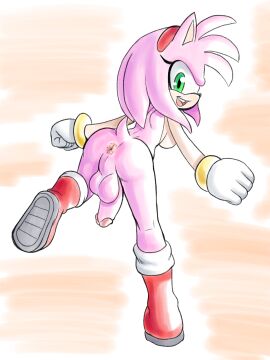 amy_rose anthro anus ass backsack balls ballsack boots breasts clothing eulipotyphlan footwear fours_(artist) futanari genitals gloves handwear hedgehog hi_res humanoid_genitalia humanoid_penis intersex looking_at_viewer looking_back looking_back_at_viewer mammal mostly_nude open_mouth open_smile penis perineum pink_body presenting presenting_hindquarters sega smile solo sonic_(series) sonic_the_hedgehog_(series)