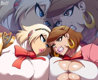 2girls aigis_(persona) alviriaart angry big_breasts bimbo blonde_hair blue_eyes breasts brown_hair female female_only huge_breasts large_breasts megami_tensei multiple_females multiple_girls persona persona_3 yukari_takeba