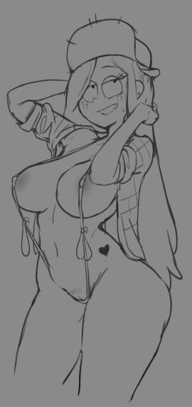 1girls areolae armpit armpits arms_up big_breasts breasts condom curvy_figure disney disney_channel disney_xd dusknote edit female filled_condom gravity_falls hat large_breasts long_hair monochrome nipples partially_clothed sketch smooth_skin solo solo_focus standing thick_thighs thighs used_condom wendy_corduroy wide_hips