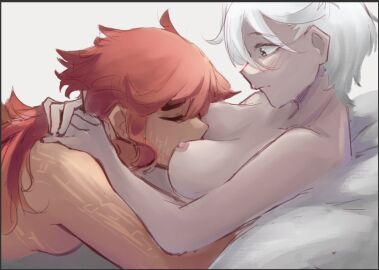 2girls black_border blush breast_press breasts canon_couple color completely_nude cuddling face_in_breasts female grey_eyes gundam gundam_suisei_no_majo lighting long_hair looking_at_partner lying lying_on_back lying_on_bed married_couple miorine_rembran nipples red_hair romantic romantic_couple scar scars_all_over smile suletta_mercury tied_hair undecided404 white_hair wholesome wife_and_wife yuri