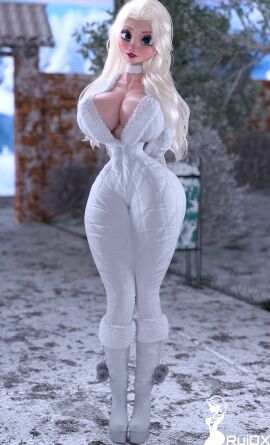 1girls ass ass_bigger_than_head bimbo bimbofication boots breasts breasts_bigger_than_torso choker clothing elsa_(frozen) eyeshadow female frozen_(film) frozen_2 high_heel_boots high_heels hourglass_figure huge_ass huge_breasts jumpsuit large_ass large_breasts looking_at_viewer nipple_bulge outside platform_heels red_lipstick ruidx white_hair white_jumpsuit