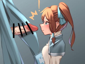 1boy 1girls artist_request bad_censor bethany_(the_binding_of_isaac) blue_eyes brown_hair censored clothed_female color colored female image_set imminent_oral male penis penis_awe the_binding_of_isaac twintails unseen_male_face