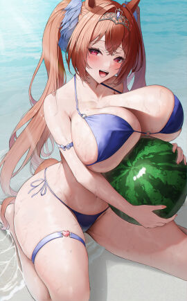 1girls :d absurdres animal_ears armband beach bikini blue_bikini breasts bsmage cleavage collarbone daiwa_scarlet_(umamusume) day female food fruit highres holding holding_food holding_fruit holding_watermelon horse_ears horse_girl huge_breasts long_hair looking_at_viewer open_mouth orange_hair outdoors red_eyes side-tie_bikini_bottom sitting smile solo summer swimsuit teeth thigh_strap thighs tiara twintails umamusume very_long_hair wariza watermelon wet
