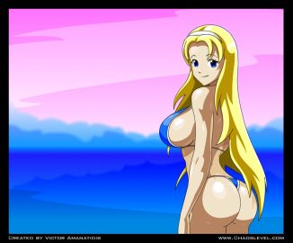 ass big_ass big_breasts big_butt bikini blonde_hair blue_eyes breasts female flash headband showing_ass side_view ucogi