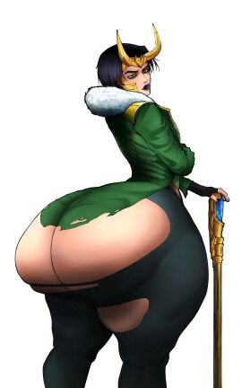 1boy ass ass_bigger_than_head ass_bigger_than_torso ass_body big_ass black_hair black_lipstick bottom_heavy bubble_ass bubble_butt clothing fat_ass femboy green_eyes huge_ass hyper hyper_ass large_ass lipstick loki_(marvel) looking_at_viewer looking_back makeup male male_only marvel marvel_comics massive_ass notsafe4marcus ripped_clothing solo staff thick_ass thick_thighs thunder_thighs white_background wide_hips