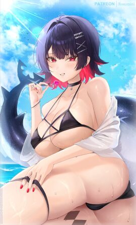 1girls bikini breasts candy ellen_joe female food holding_food huge_ass large_breasts lollipop lying_on_side red_nails rosumini sharp_teeth trefoil victoria_housekeeping watermark zenless_zone_zero