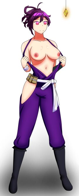 boots breasts breasts_outside empty_eyes female female_only femsub glowing_eyes happy_trance hypnosis jigokuraku large_breasts ninja nipples open_clothes pendulum pink_eyes ponytail purple_hair short_hair simple_background smile soex standing undressing white_background yuzuriha_(jigokuraku)