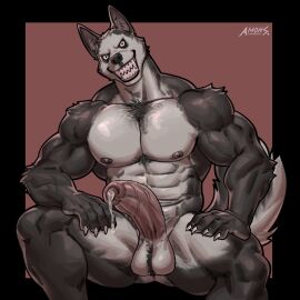 abs amon-sydonai anthro balls biceps big_balls big_penis canid canine canis claws creepypasta domestic_dog erection fur furry humanoid_genitalia humanoid_penis male male_nipples male_only mammal muscular muscular_anthro muscular_male nipples nude pecs penis precum precum_drip smile.dog solo werecanid werecanine wolf