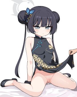 absurdres black_dress black_footwear black_gloves black_hair blue_archive blush breasts butterfly_hair_ornament china_dress chinese_clothes cleft_of_venus closed_mouth clothes_lift commentary_request double_bun dragon_print dress female gloves grey_eyes grey_halo hair_bun hair_ornament halo highres kisaki_(blue_archive) lifting_another's_clothes long_hair mary_janes pelvic_curtain pelvic_curtain_lift pussy shoes sitting sleeveless sleeveless_dress small_breasts solo_focus tagyeokgam twintails uncensored vhfd wariza white_background