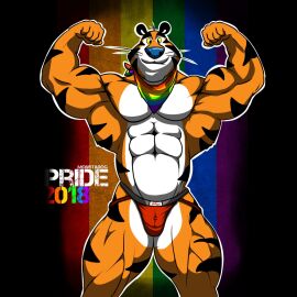 1boy 2018 anthro bulge clothing felid frosted_flakes gay hi_res jockstrap lgbt_pride lgbt_pride_month male mammal mascot monstadog muscular pantherine pride_color_clothing pride_month rainbow_pride_colors solo tiger tony_the_tiger underwear