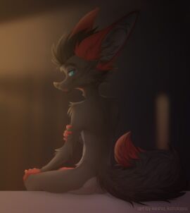 animal_genitalia animal_penis anthro ass barely_visible_genitalia bed blue_eyes canid canine canine_genitalia canine_penis dipstick_tail erection fennec_fox fluffy fluffy_tail fox furniture genitals glistening glistening_eyes hi_res inner_ear_fluff inside kesha_kotolapa male mammal markings night nude on_bed penis seductive sitting slim small_waist smile solo tail tail_markings true_fox tuft