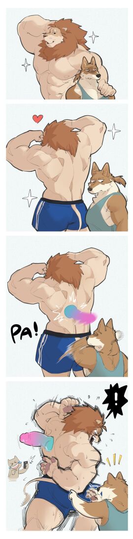 1500jiangbao 5_fingers absurd_res anthro biped brown_body brown_fur brown_mane canid canine claws clothed clothing countershade_face countershade_fur countershading dildo duo exclamation_point felid fingers funny fur group hi_res humor laugh lion long_image male mammal mane muscular muscular_anthro muscular_male pantherine pawpads sex_toy tail tall_image topless topless_anthro topless_male trio