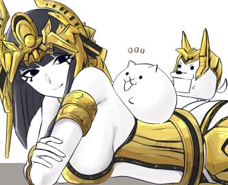 1girls armor basic_cat big_breasts black_hair breasts doge_(the_battle_cats) female gold_armor helmet light-skinned_female light_skin lightmother_aset sed_(d4vcmk) sideboob the_battle_cats