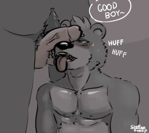 anthro balls bear blush bodily_fluids breasts cum cumshot digital_media_(artwork) duo ejaculation erection fellatio fur genital_fluids genitals hair male male/male male_only mammal nipples nude open_mouth oral orgasm overweight penetration penile penis sex simple_background smile steffansheep tongue