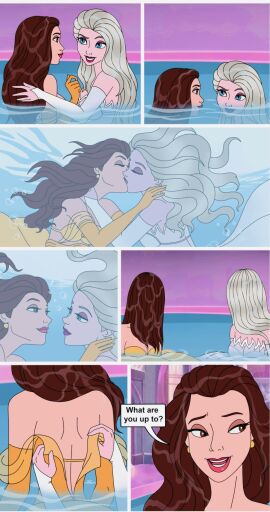 2girls beauty_and_the_beast_(1991_film) belle_(beauty_and_the_beast) breasts clothing comic crossover disney disney_princess dress elsa_(frozen) female frozen_(film) kissing lipstick serisabibi small_breasts swimsuit underwater undressing water yuri