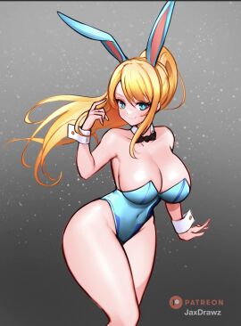 1girls 2d 2d_(artwork) 2d_artwork big_boobs big_breasts blonde_hair blue_eyes bowtie breasts bunny_ears bunnysuit clothed female human jaxdrawz light-skinned_female light_skin looking_at_viewer metroid patreon ponytail samus_aran simple_background skimpy smile solo solo_female tagme thick_thighs wrist_cuffs
