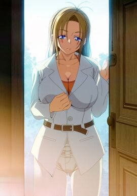 1boy 1girls 2010s 2011 age_difference ahoge blonde_hair blue_eyes blue_sky blush blushing breasts coat door doorknob doorway entrance eyebrows female female_only huge_breasts kamimura_akiko keisuke_(sisters) kouzaka_kouhei lips long_hair male natsu_no_saigo_no_hi nose older_female_and_younger_male outdoors sisters_~natsu_no_saigo_no_hi~ solo solo_female taki_minashika tank_top tree trees vanilla