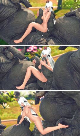 2boys 3d 3koma animal_penis anthro arkasodara au_ra avatar_(ff14) cum double_blowjob double_penetration elephant elephant_penis elephantid eyepatch feet female final_fantasy_xiv hair_between_eyes heart_facial_mark high_ponytail interspecies large_areolae matanga medium_breasts mini_crown nipples precum red_eyes sex sidelocks toenails toes warrior_of_light_(ff14) white_hair xaela