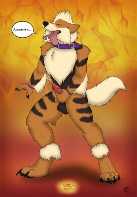 2016 4_toes 5_fingers after_transformation animal_genitalia animal_penis ankle_tuft anthro arcanine arm_out arm_tuft artist_logo artist_name balls black_claws black_lips black_nose black_pawpads black_stripes bodily_fluids canine_genitalia canine_penis cheek_tuft chest_tuft chin_tuft claws collar crazy-husky cum cumshot curled_fingers dialogue digitigrade ears_back ejaculation elbow_tuft energy english_text erection evolution_(transformation) evolutionary_stone facial_tuft faust_(crazy-husky) feet finger_claws fingers fire_stone fluffy fluffy_tail fur gem generation_1_pokemon genital_fluids genitals glowing_gem hand_on_penis head_tuft hi_res human leg_tuft lips logo looking_pleasured male mammal mane masturbation motion_lines narrowed_eyes nintendo nude orange_body orange_fur orgasm orgasm_face pawpads paws penile penile_masturbation penis penis_grab pink_penis pivoted_ears pokemon pokemon_(species) pokemon_speak post-transformation purple_eyes rott-i-kins shaded simple_shading smile soft_shading solo speech_bubble standing stripes tail tan_body tan_fur teeth text throbbing throbbing_penis toe_claws toes tongue tongue_out transformation tuft wristband