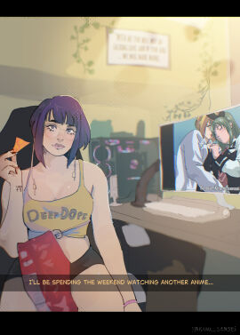 1girls bible_black blonde_hair eating female girly green_hair ito_mika kitami_reika kyoka_jiro my_hero_academia nakama_sensei purple-haired_female purple_hair solo_female text toy watching wet