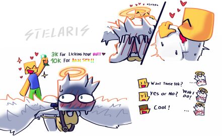 1boy 1girls angel angel_wings anus ass ass_focus ass_grab blush blush_lines conversation female grabbing_ass heart hiding_face horny horny_female licking_anus licking_ass male money pussy pussy_juice rear_pussy ribs_(youtuber) roblox roblox_avatar robloxian robux self_upload shivering shy stelaris sweat text tongue vagina youtuber