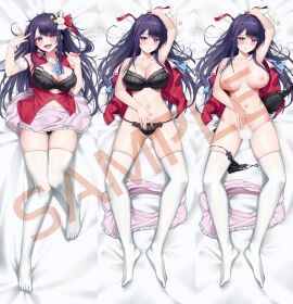 :d :o armpits ass black_bra black_panties blank_censor blush bra breasts censored closed_mouth clothes_down clothing_aside collarbone dakimakura_(medium) feet female from_above groin hair_ornament hoshino_ai idol large_breasts licking_lips long_hair looking_at_viewer lying navel nipples on_back one_side_up open_mouth oshi_no_ko panties panties_around_one_leg pink_eyes pink_skirt presenting purple_hair rabbit_hair_ornament rank_alee sample_watermark skirt smile solo star_(symbol) star_in_eye symbol_in_eye teeth thighhighs tongue tongue_out underwear undressing unworn_bra unworn_shirt unworn_skirt upper_teeth watermark white_thighhighs