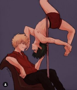 2boys bakugou_katsuki gay grabbing_hair izuku_midoriya katsuki_bakugou male/male male_only midoriya_izuku multiple_boys multiple_males my_hero_academia nikkiyan no_visible_genitalia pole_dancing showing_off upside-down upside_down yaoi