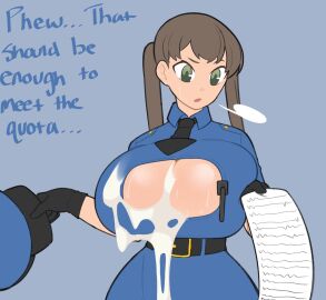 1girls abuse_of_power after_paizuri authority_abuse belt big_breasts black_gloves breasts brown_hair cleavage_cutout clothing cum cum_on_breasts defeated_with_sex dialogue female fuck_the_police green_eyes huge_breasts human light-skinned_female light_skin on_duty pale_skin police police_brutality police_hat police_uniform policewoman receipt solo sweat tagme text thick_thighs twintails unprofessional_behavior vammzu voluptuous