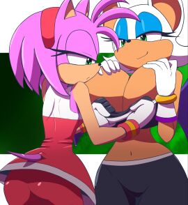 2d 2d_artwork 2girls amy_rose ass big_breasts black_shorts black_sports_bra blue_eyeshadow breast_envy breast_press breast_size_difference breast_squeeze breasts breasts_bigger_than_head diadem eyelashes eyeshadow female gloves green_eyes hourglass_figure huge_breasts jealous jealous_female kojiro-brushard linegutter mobian mobian_(species) mobian_bat multiple_females multiple_girls pink_fur pink_hair rouge_the_bat rouge_the_bat_(olympic_games) rouge_the_rider sega skirt sonic_(series) sonic_adventure_2 sonic_riders sonic_the_hedgehog_(series) sports_bra tail thick_ass thick_thighs thin_waist