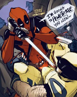2boys bodysuit bulge claws deadpool deadpool_&_wolverine_(2024) english_text erection_under_clothes flaccid gay heart-shaped_pupils holding_sword honda_odyssey imminent_sex katana logan_(x-men) male male/male male_only marvel marvel_cinematic_universe marvel_comics mask penis ponderosa stab superhero_costume utility_belt violence wade_wilson wolverine_(x-men) x-men yaoi