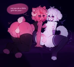 absurd_res anthro ass backsack balls ballsack big_ass big_butt blush bodily_fluids breast_grab breasts canid canine canis choker clothing crop_top cum cum_in_ass cum_inside cum_on_ass cum_on_body cum_on_butt cum_on_self dialogue domestic_dog duo english_text erection eyewear futa/futa futanari genital_fluids genitals glasses hand_on_breast hi_res horn intersex intersex/intersex jewelry katsucoffee legwear legwear_only mammal mostly_nude necklace nipples open_mouth penis penis_tuck scut_tail shirt short_tail speech_bubble spread_legs spreading stockings stockings_only tail text thick_thighs thigh_highs topwear