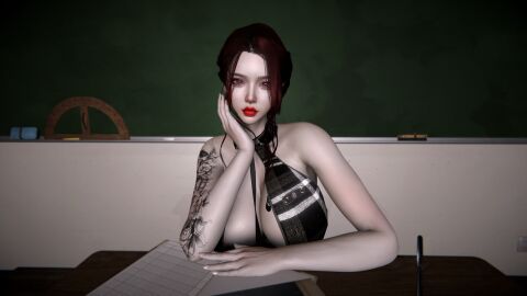 1girls 3d 8k belly big_breasts big_lips blacked breasts breasts_bigger_than_head crashbanditkut curvy earrings eyeshadow fat_lips female female_focus hair hi_res high_resolution highres light-skinned_female light_skin lips lipstick looking_at_viewer makeup medium_hair navel navel_piercing original original_character pink_eyes qos qos_tattoo queen_of_spades queen_of_spades_symbol queen_of_spades_tattoo red_hair red_lipstick school school_desk sitting skirt solo spade_tattoo tattoo tattoos teacher teacher_outfit virt-a-mate virtamate