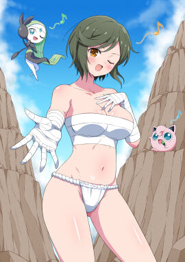 1girls absurd_res absurdres bare_belly bare_chest bare_hips bare_legs bare_midriff bare_navel bare_shoulders bare_skin bare_thighs bare_torso belly belly_button blue_sky blush blush_lines blushing_at_viewer blushing_female breasts cleavage clouds collarbone crossover day daytime dot_nose eggman_(ni_tamagoex) elbows extended_arm female female_focus female_only fingers fundoshi generation_1_pokemon generation_5_pokemon green-haired_female green_hair groin half_naked hand_on_breast hand_on_chest hand_on_own_breast hand_on_own_chest happy head_tilt high_resolution highres hourglass_figure jigglypuff large_breasts legs light-skinned_female light_skin looking_at_viewer mai_(senran_kagura) marvelous meloetta navel nintendo one_eye_closed open_mouth open_mouth_smile outdoors outside panties parted_bangs parted_lips pokemon pokemon_(species) pussy senran_kagura senran_kagura_new_wave short_hair shoulders sky slender_body slender_waist slim_female slim_waist smile smiling_at_viewer solo standing thick_thighs thighs thin_waist tilted_head tongue upper_body v-line wide_hips yellow-eyed_female yellow_eyes