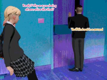 1boy 1girls 3d 4:3 asymmetrical_hair blackmail blonde_hair blue_eyes classroom comic comic_page dialogue female gwen_stacy light-skinned_female light-skinned_male light_skin male marvel marvel_comics petite questionable_consent rn school school_uniform schoolgirl skirt spider-gwen spider-man_(series) superhero superheroine teenager whatsupjimmy