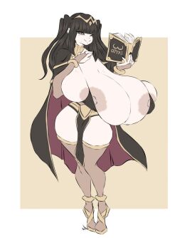 1girls areola_slip areolar_amelanism bangs bikini boobs book breasts cape dullvivid female female_only fire_emblem fire_emblem_awakening gigantic_breasts heavy_breasts huge_breasts legwear nintendo nipple_slip nipples nipples_covered nipples_visible_through_bikini pelvic_curtain shoes smile solo tharja_(fire_emblem) thighhighs tits