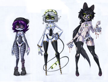 2024 4_hands accessory annoyed beanie black_hair black_legs blood_string bodily_fluids boots bow_ribbon breasts cable_tail clothing corpse crazy_smile crotch_light cyn_(murder_drones) cyntessa_(murder_drones) disassembly_drone embarrassed exposed_endoskeleton female female_focus female_only footwear full-length_portrait genitals glitch_productions glowing glowing_nipples gore grey_arms grey_hair grey_legs grey_limbs group hair hair_accessory hair_ribbon hairband hairbow hand_light hand_on_hip hat hazard_stripes headgear headwear human_skin humanoid insane legwear lewdanon_(artist) long_hair looking_at_viewer machine medium_breasts metallic_body mostly_nude multi_hand multiple_images murder_drones narrowed_eyes nipples not_furry open_mouth open_smile pale_skin ponytail portrait purple_eyes purple_hair pussy ribbons ripped_skin robot robot_humanoid robotic_reveal screen_eyes segmented_body shaded shoes short_hair simple_background skinsuit smile smug socks sparkles standing syringe_tail tail tailed_humanoid tessa_(murder_drones) thigh_highs tight_clothing torn_skin torn_skinsuit torn_thigh_highs trio uzi_(murder_drones) v_(murder_drones) vulva white_background white_body white_hands wide_hips worker_drone x_pupils yellow_eyes