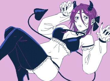 alternate_costume blush breasts demon_girl demon_horns demon_tail detached_sleeves female female_only gegege_no_kitarou hair_between_eyes hair_ribbon horns kitarou_tanjou_gegege_no_nazo long_fingernails looking_at_viewer medium_breasts milf monochrome osada_toshiko purple_background purple_theme sharp_fingernails short_hair slides13403678 solo tail thigh_boots