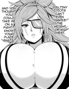 1girls anybrody baiken big_breasts black_and_white breasts cleavage female giantess guilty_gear miniguy scar