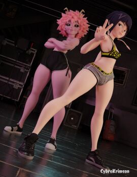 2girls 3d ashido_mina blender boku_no_hero_academia clothing cybrokrimson female female_only jirou_kyouka kyoka_jiro mina_ashido multiple_females multiple_girls my_hero_academia pink_body pink_hair purple_hair shorts