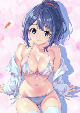 ass_visible_through_thighs bare_arms bare_belly bare_shoulders belly_button big_breasts bikini blue_bikini blue_eyes blue_hair blue_thighhighs blush breasts cleavage closed_mouth collarbone female front-tie_bikini_top groin hair_ribbon jacket kousan make_heroine_ga_oo_sugiru! off_shoulder open_jacket ponytail side-tie_bikini_bottom sideboob sitting smile string_bikini thighhighs thighs yanami_anna zettai_ryouiki